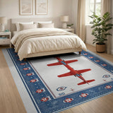 Red Jet Formation Blue Border Area Rug