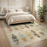 Beige Coastal Surfboard Washable Area Rug
