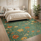 Teal Green Floral Area Rug with Orange Poppies