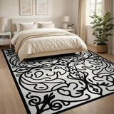ODIKA Black and White Damask Washable Area Rug - Non-Slip Low Pile Decor