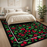 Red Hibiscus Floral Area Rug on Black