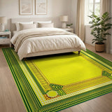 Vibrant Yellow Persian Rug with Green Geometric Border