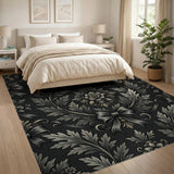 Ornate Black Baroque Leaf Bow Area Rug