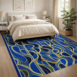 Navy Blue and Gold Abstract Wave Area Rug