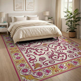 Opulent Pink Gold Floral Border Rug