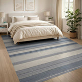 Modern Coastal Blue Striped Washable Area Rug - Low Pile, Non-Slip & Pet Friendly