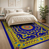 Navy Blue Persian Area Rug with Gold Borders Sunburst Medallion