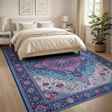 Vibrant Persian Medallion Area Rug in Blues and Pinks