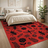Bold Red Rug with Black Beetles Butterflies Daisies