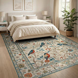 Vintage Blue Bird Floral Tree Cream Rug