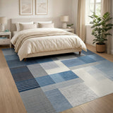 ODIKA Blue Abstract Geometric Patchwork Washable Area Rug - Non-Slip Low Pile