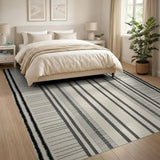 Black White Vertical Stripe Fringed Area Rug