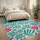Teal Pink Abstract Leaf Foliage Area Rug