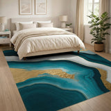 Abstract Blue Teal Gold Flow Area Rug