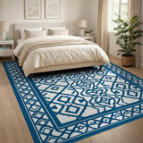 Blue and Teal Navy Blue Intricate Geometric Lattice Rug