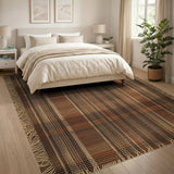 Rustic Brown Plaid Woven Fringe Area Rug