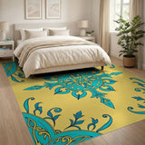 Teal Mandala Persian Area Rug on Yellow