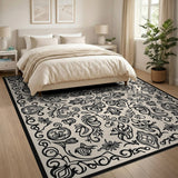 Ornate Black Floral Beige Area Rug