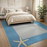 Coastal Blue Striped Area Rug with Starfish Border