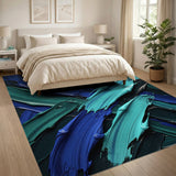 ODIKA Abstract Teal & Blue Brushstroke Washable Area Rug - Low Pile, Non-Slip & Pet Friendly