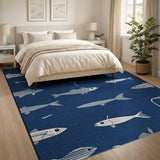 Navy Blue White Fish Coastal Area Rug