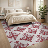 Red Damask Floral Pattern Area Rug