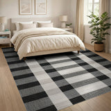 Textured Black Grey Plaid Woven Area Rug