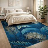 Blue and Gold Palm Leaf Washable Area Rug