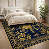 Navy Blue Ornate Gold Floral Area Rug