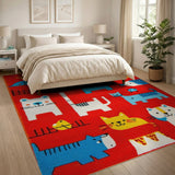 Playful Cartoon Animals Red Kids Area Rug