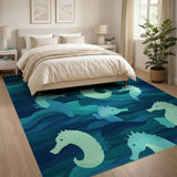 Washable Coastal Blue Seahorse Area Rug, Non-Slip Low Pile