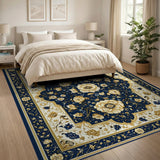 Navy Blue Gold Floral Traditional Persian Rug