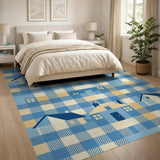 Blue Gingham Cartoon Houses Area Rug