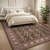 ODIKA Vintage Damask Brown Washable Area Rug Low Pile Non-Slip