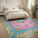 Ornate Pink Persian Area Rug with Blue Floral Border
