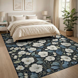 Navy Blue Leaf White Anemone Floral Rug
