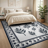 Black White Leaf Silhouette Persian Border Rug