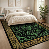 Ornate Green Floral Persian Rug with Gold Border