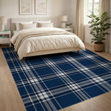 Geometric Modern Blue and Teal Navy Blue Plaid Washable Area Rug