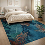 Teal Palm Leaf Coastal Blue and Teal Area Rug