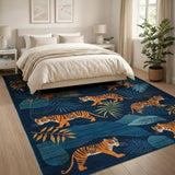 Stylized Orange Tigers Teal Jungle Rug