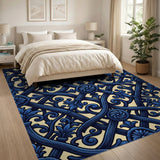 Ornate Blue Fleur-de-Lis Lattice Area Rug