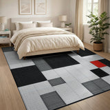 Black and White Geometric Black White Area Rug with Red Accents