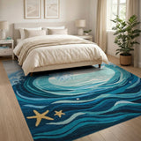 ODIKA Ocean Wave Washable Rug - Coastal Starfish Blue Nautical Area Rug, Low Pile & Non-Slip