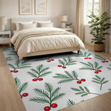 Festive Green Holly Branches with Red Berries Pattern Rug