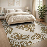 Golden Ornate Damask Medallion Area Rug