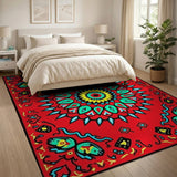 Vibrant Red Mandala Area Rug with Teal and Yellow Accents