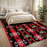 Festive Red Black Snowflake Stripe Area Rug