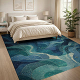 Teal Blue Abstract Wave Abstract Area Area Rug