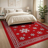 Geometric Modern Festive Red Snowflake Area Rug with Ornate Border